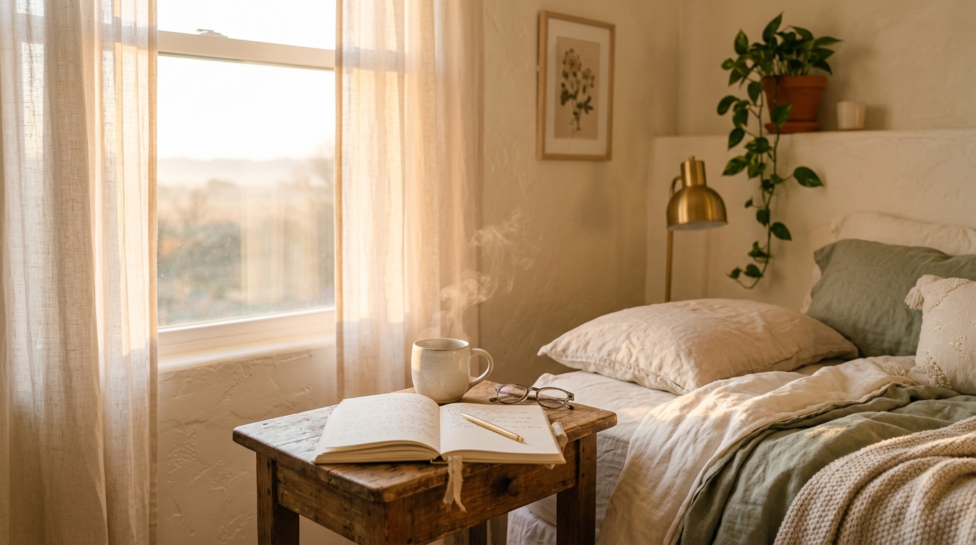 Woman in soft light enjoying a calm soft morning routine for highly sensitive people with tea and gentle surroundings