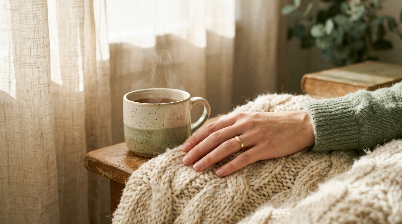 Woman resting peacefully during burnout recovery routine, gentle self-care moment for sensitive women