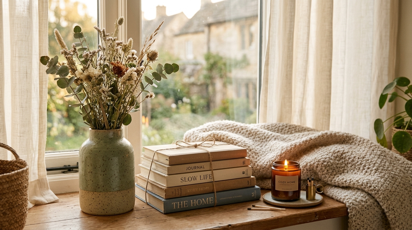 Soft aesthetic home on a budget with linen throw, warm lamp light, and thrifted ceramic vase on wooden table