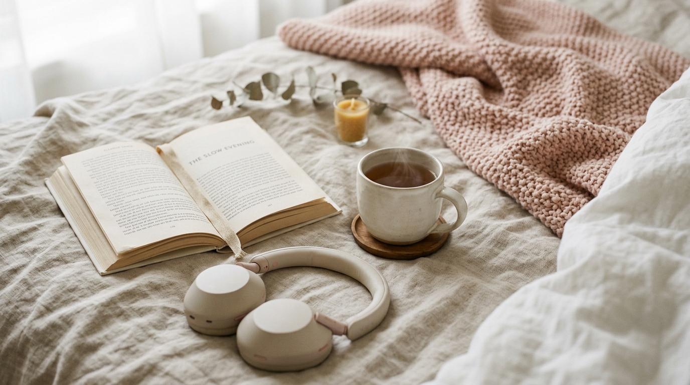 Woman listening to cozy audiobooks for anxious evenings wrapped in blanket with tea and soft lighting