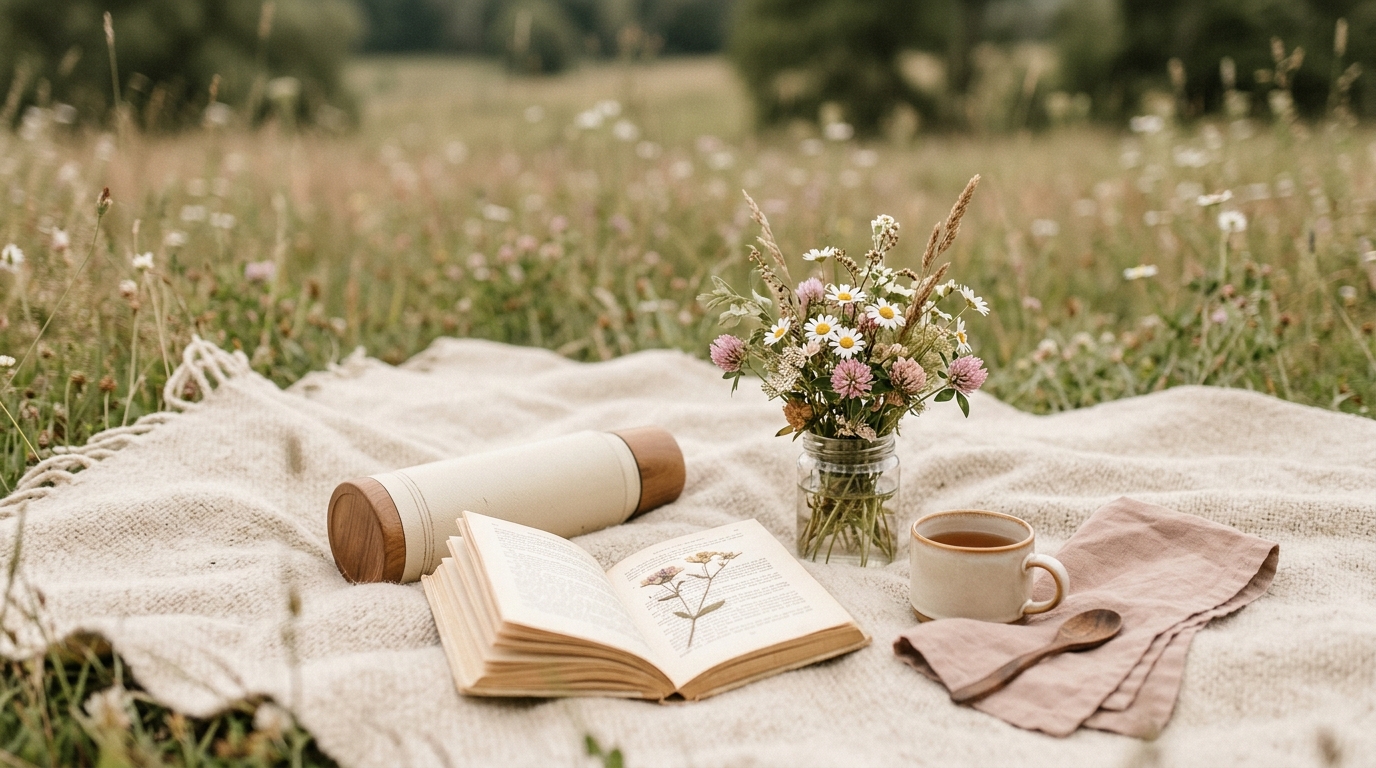Woman enjoying solo picnic for introverts on quiet blanket under tree with book and tea, peaceful outdoor ritual