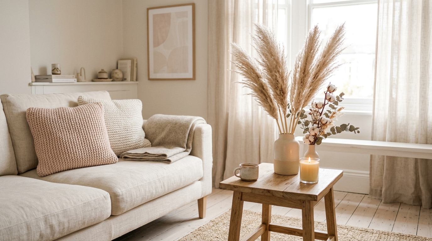 Soft minimalist living room with cream cushions, natural light, and calming neutral textures for highly sensitive women