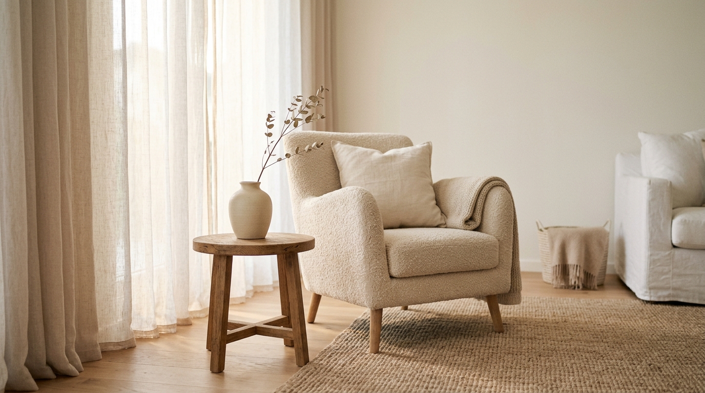 Calm minimalist table with single ceramic mug and linen napkin showing lagom living for sensitive women