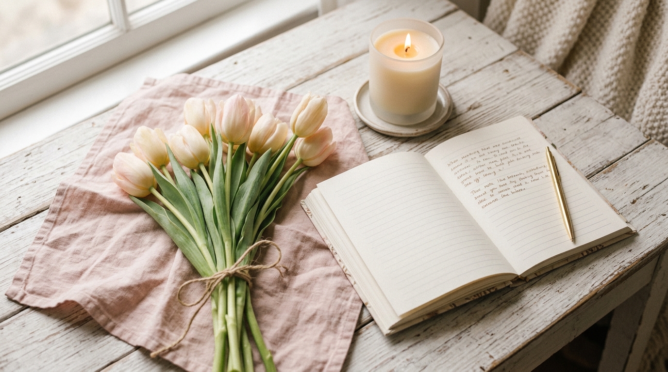 Soft morning light through window with tea and journal for 14 day spring reset ritual slow living